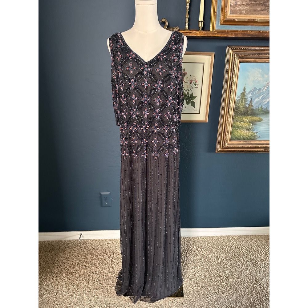 Pisarro Nights‎ Beaded Mesh Gown - Art Deco Flapper Style Maxi Dress - Size 12
